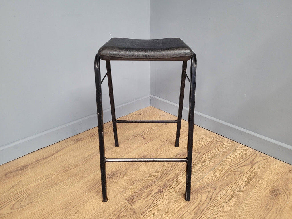 Vintage Industrial Metal Stool Factory Office School Workshop Stool Black Pad