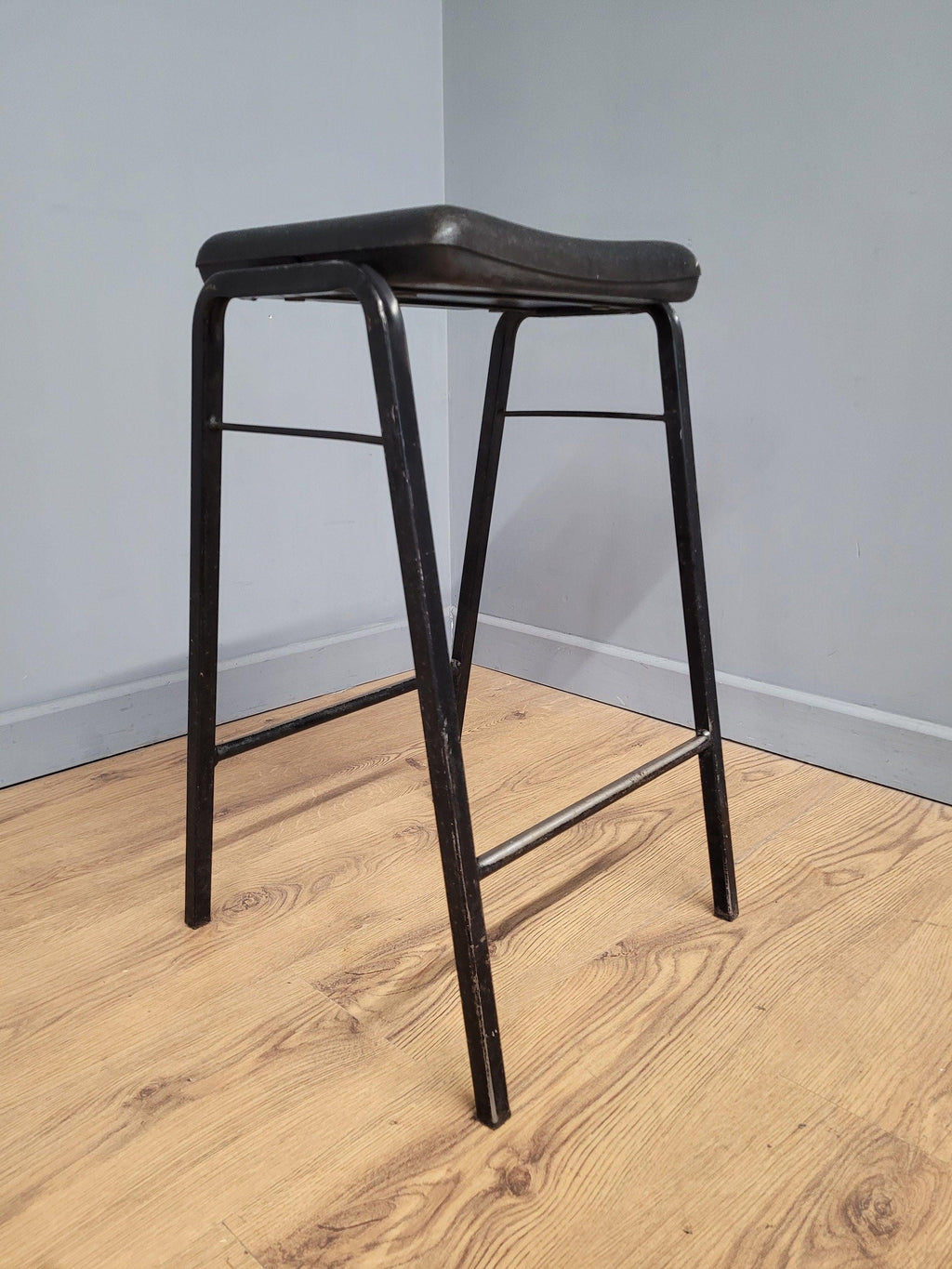 Vintage Industrial Metal Stool Factory Office School Workshop Stool Black Pad