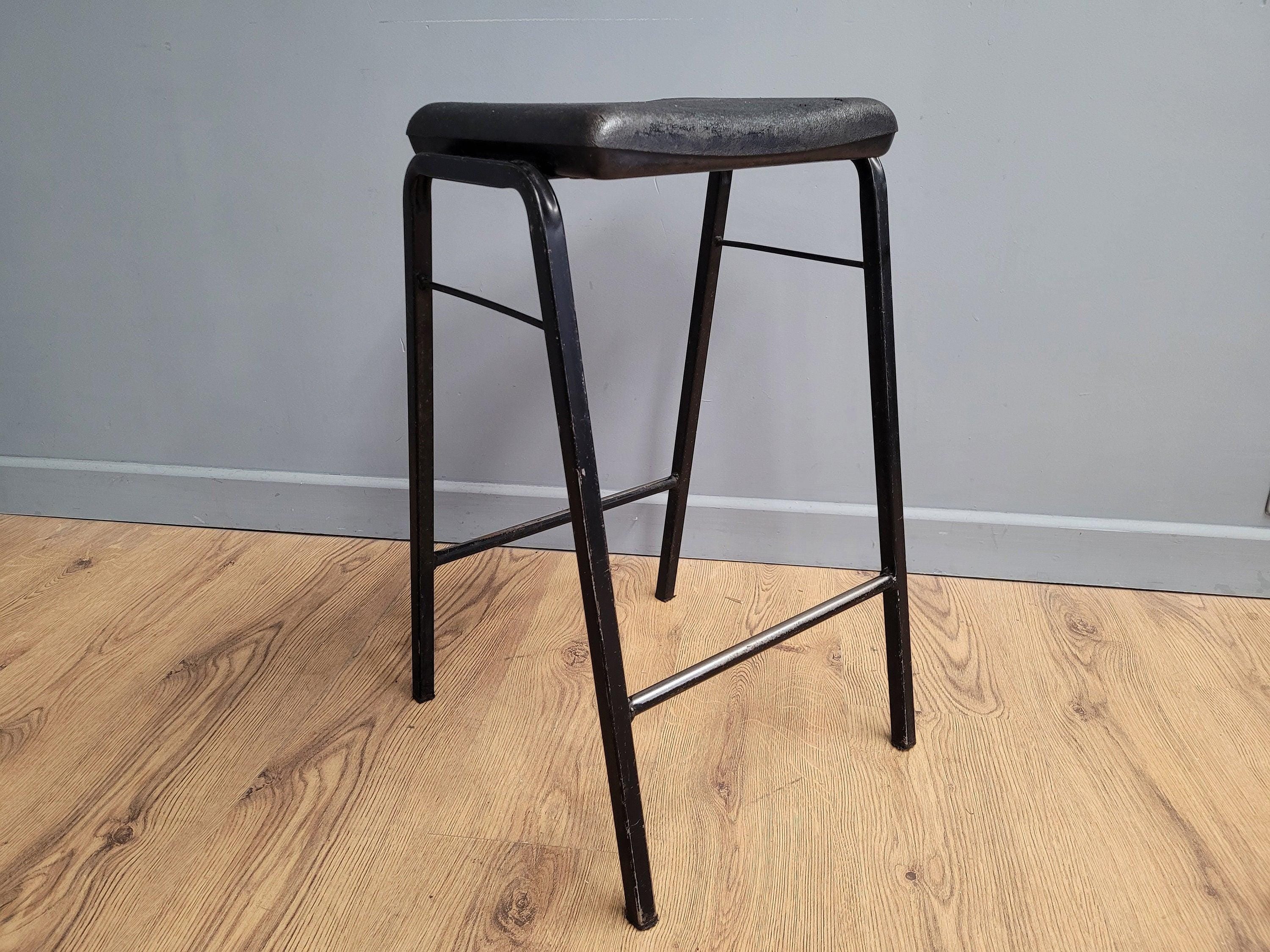 Vintage Industrial Metal Stool Factory Office School Workshop Stool Black Pad
