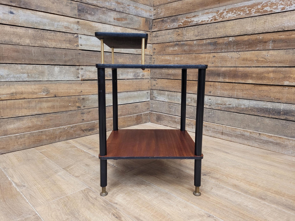 Mid Century Atomic Tiered Side Table Mahogany Black & Brass