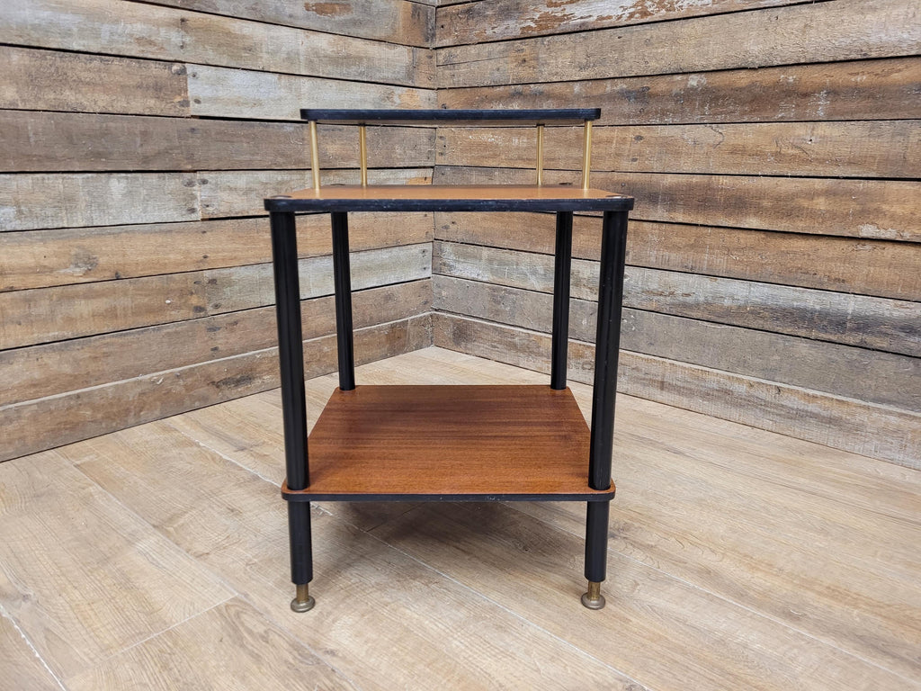 Mid Century Atomic Tiered Side Table Mahogany Black & Brass
