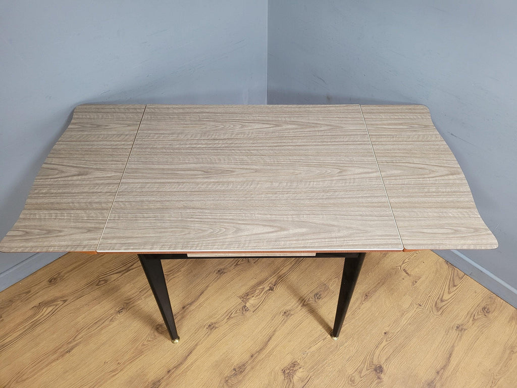Mid Century Extending Formica Dining Table Adjustable Feet Pin Legs Black Frame