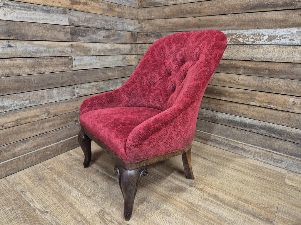 Antique Victorian Chesterfield Buttoned Spoon Back Nursing Chair Red Fabric