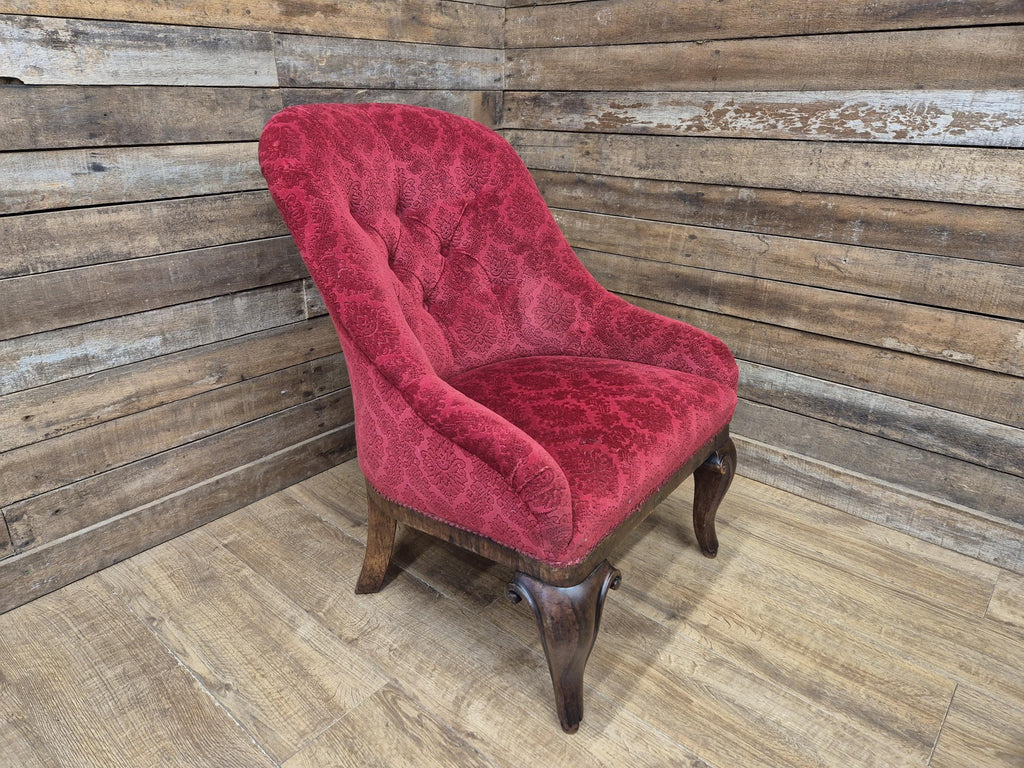 Antique Victorian Chesterfield Buttoned Spoon Back Nursing Chair Red Fabric