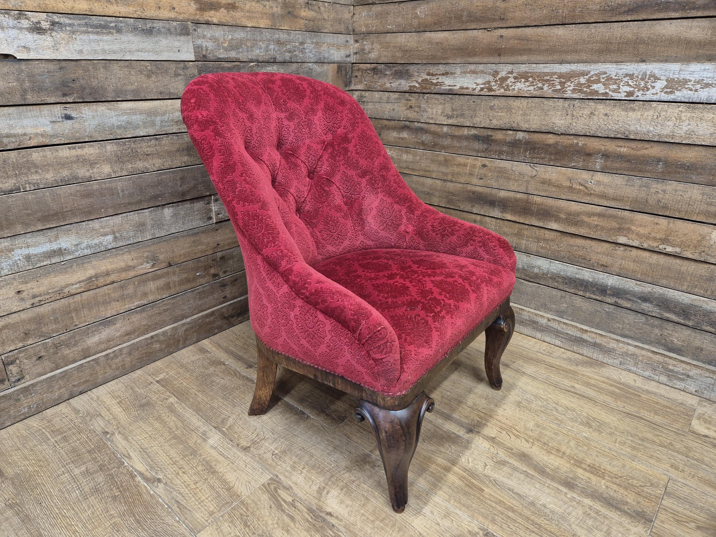Antique Victorian Chesterfield Buttoned Spoon Back Nursing Chair Red Fabric