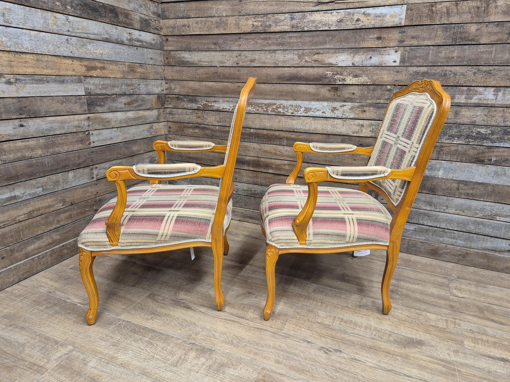 Vintage Italian Style Queen Back Open Arm Armchair Plaid Upholstery 2 Available