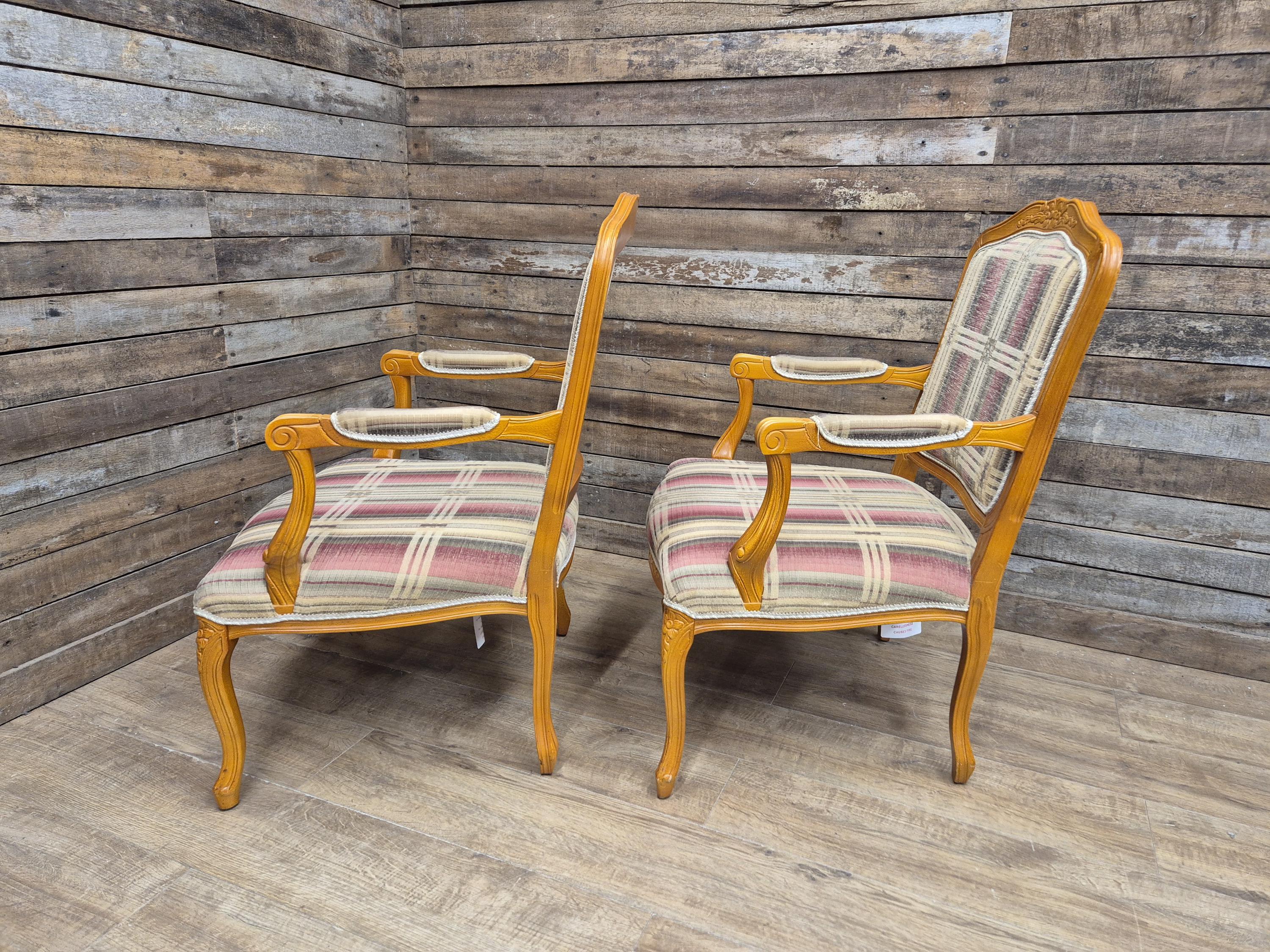 Vintage Italian Style Queen Back Open Arm Armchair Plaid Upholstery 2 Available