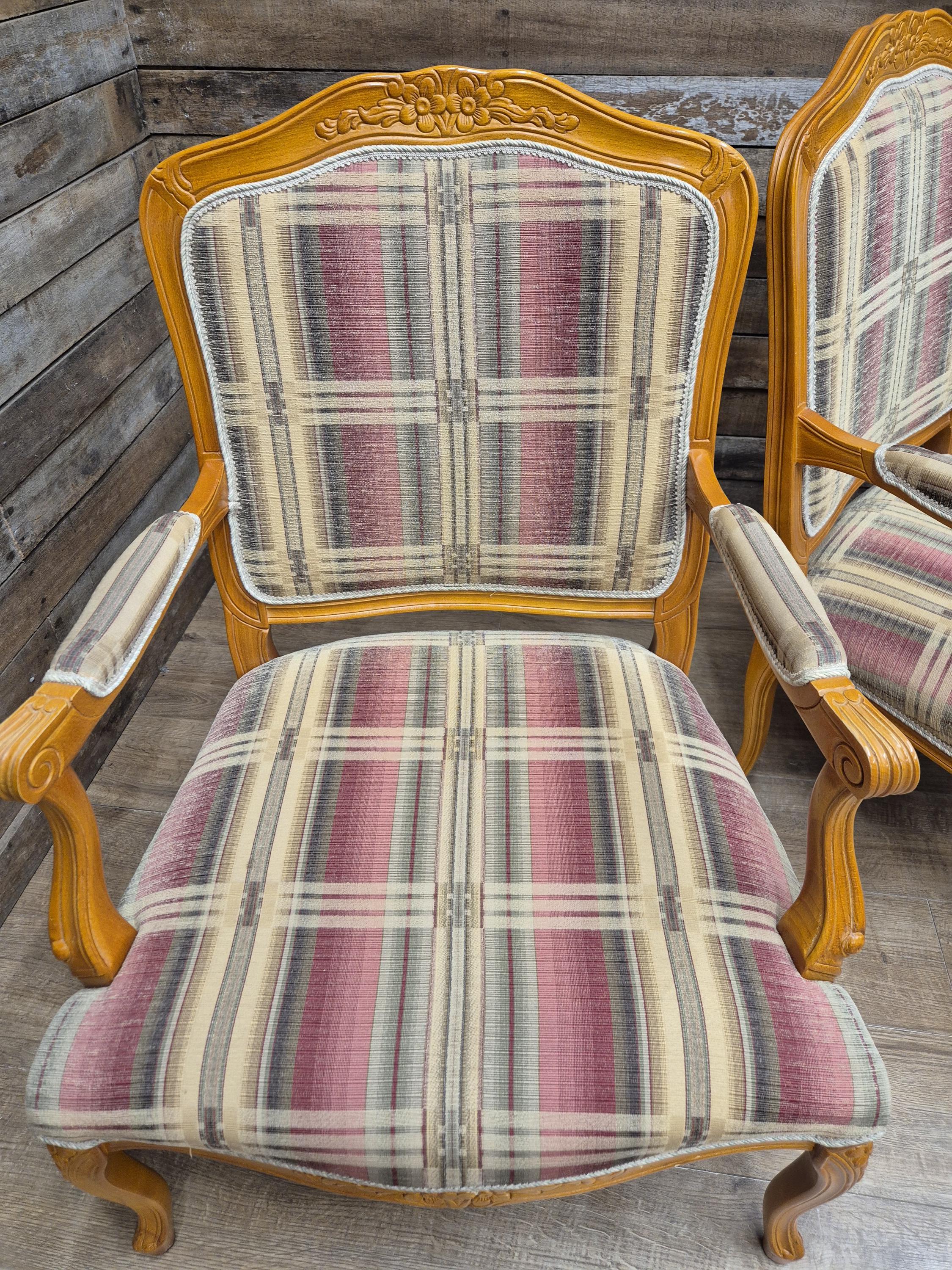 Vintage Italian Style Queen Back Open Arm Armchair Plaid Upholstery 2 Available
