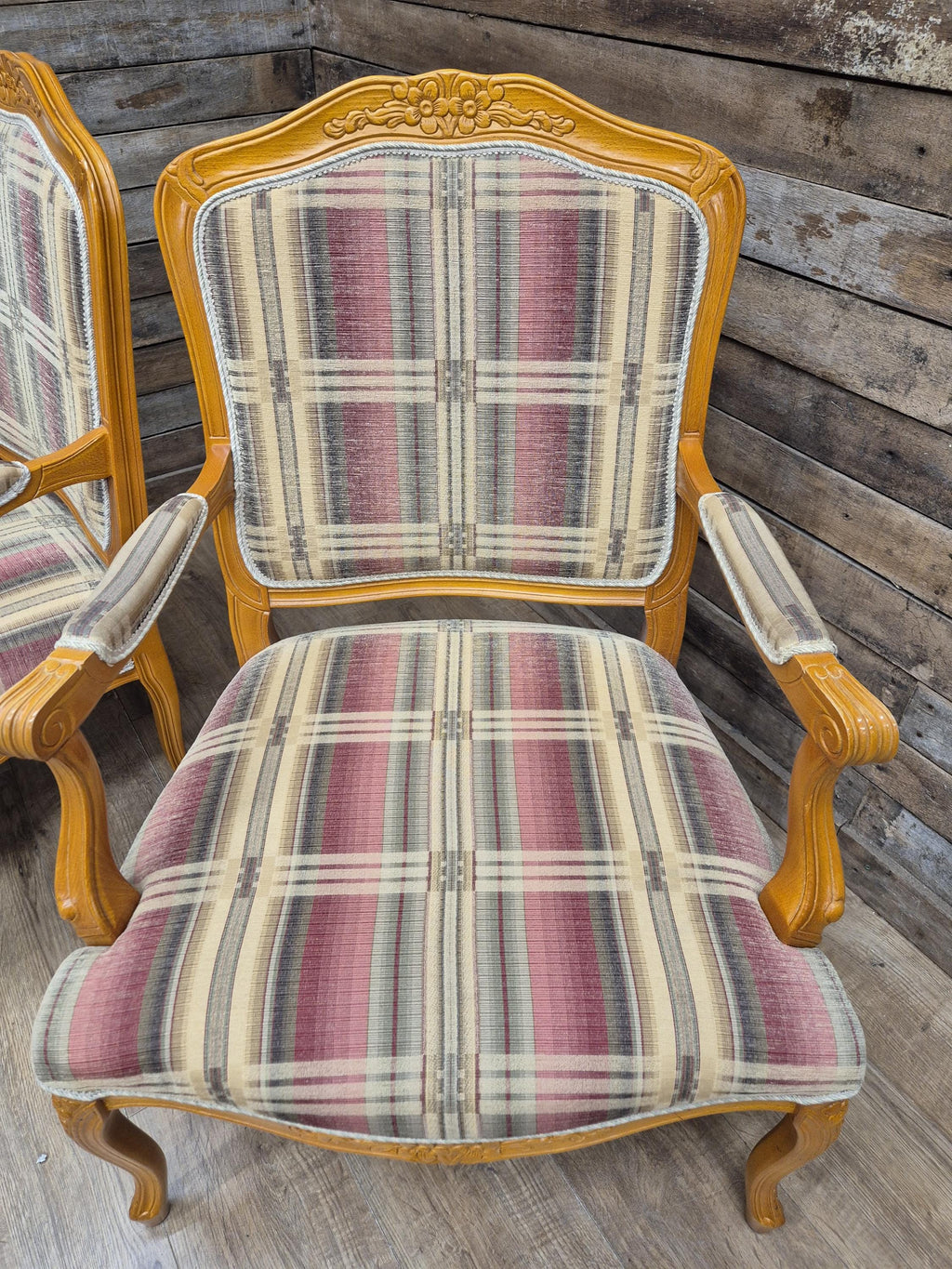 Vintage Italian Style Queen Back Open Arm Armchair Plaid Upholstery 2 Available
