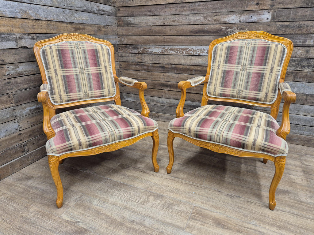 Vintage Italian Style Queen Back Open Arm Armchair Plaid Upholstery 2 Available