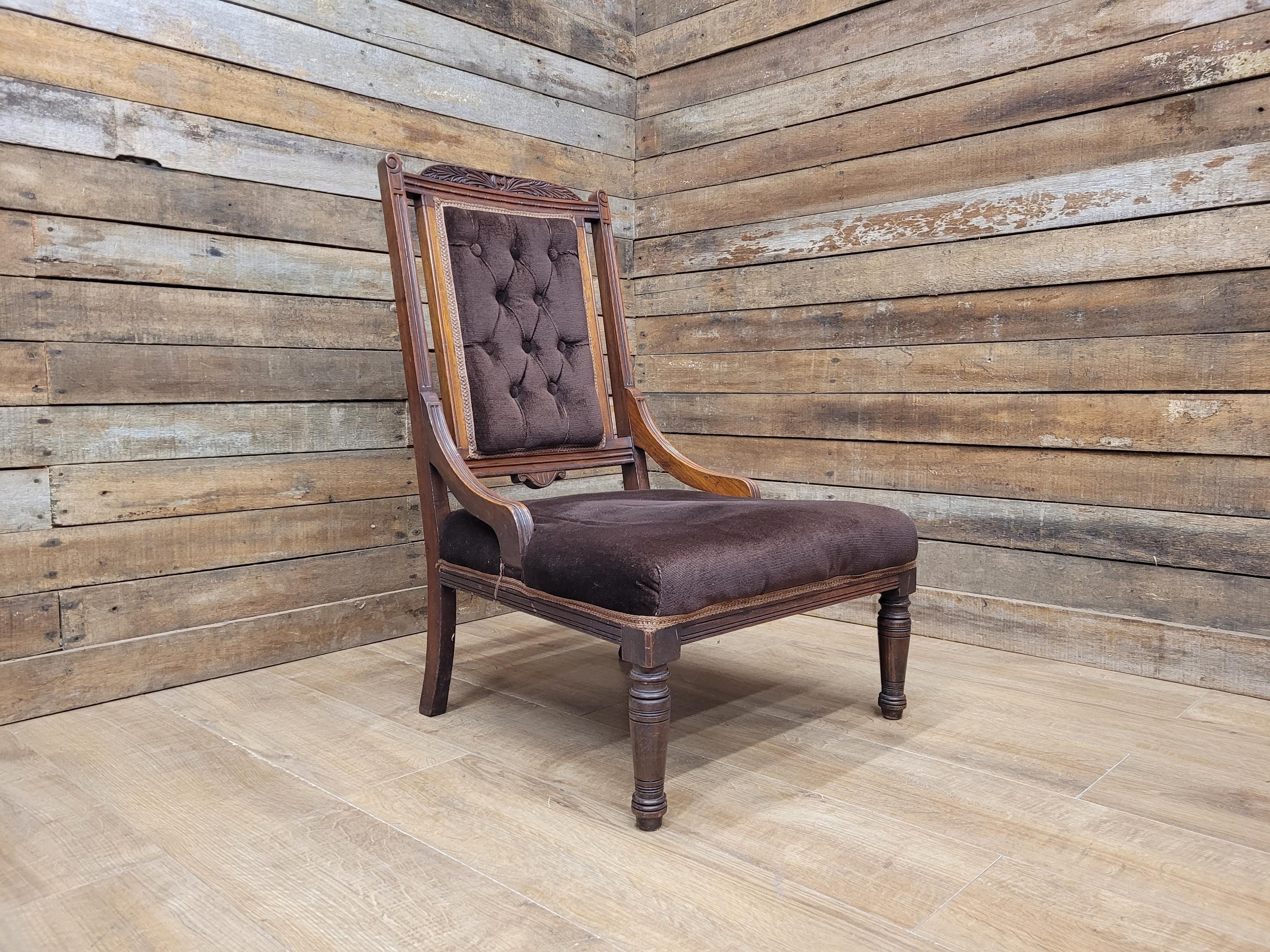 Antique Victorian Mahogany Slipper Chair with Brown Velour Upholstery