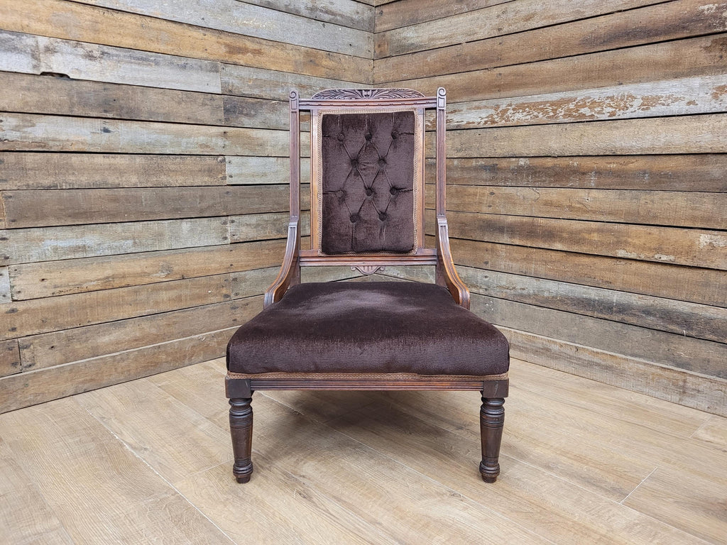 Antique Victorian Mahogany Slipper Chair with Brown Velour Upholstery