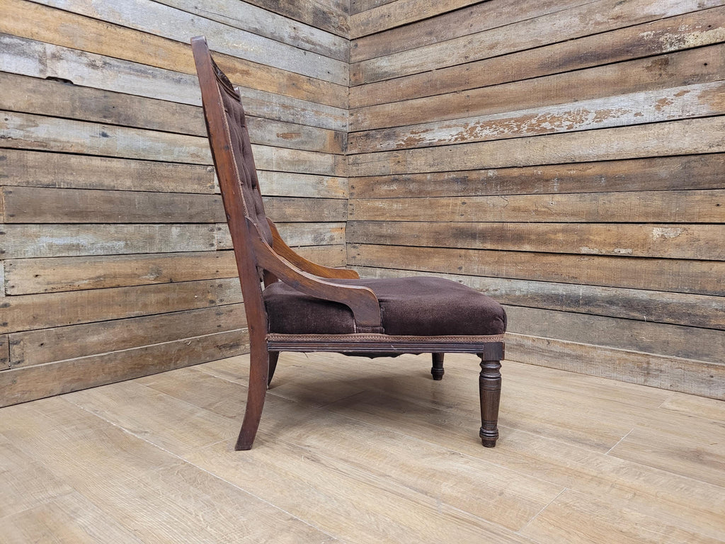 Antique Victorian Mahogany Slipper Chair with Brown Velour Upholstery