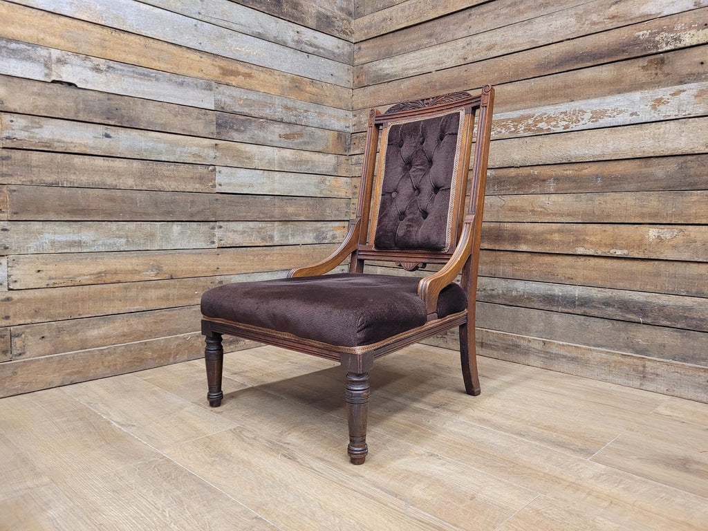 Antique Victorian Mahogany Slipper Chair with Brown Velour Upholstery