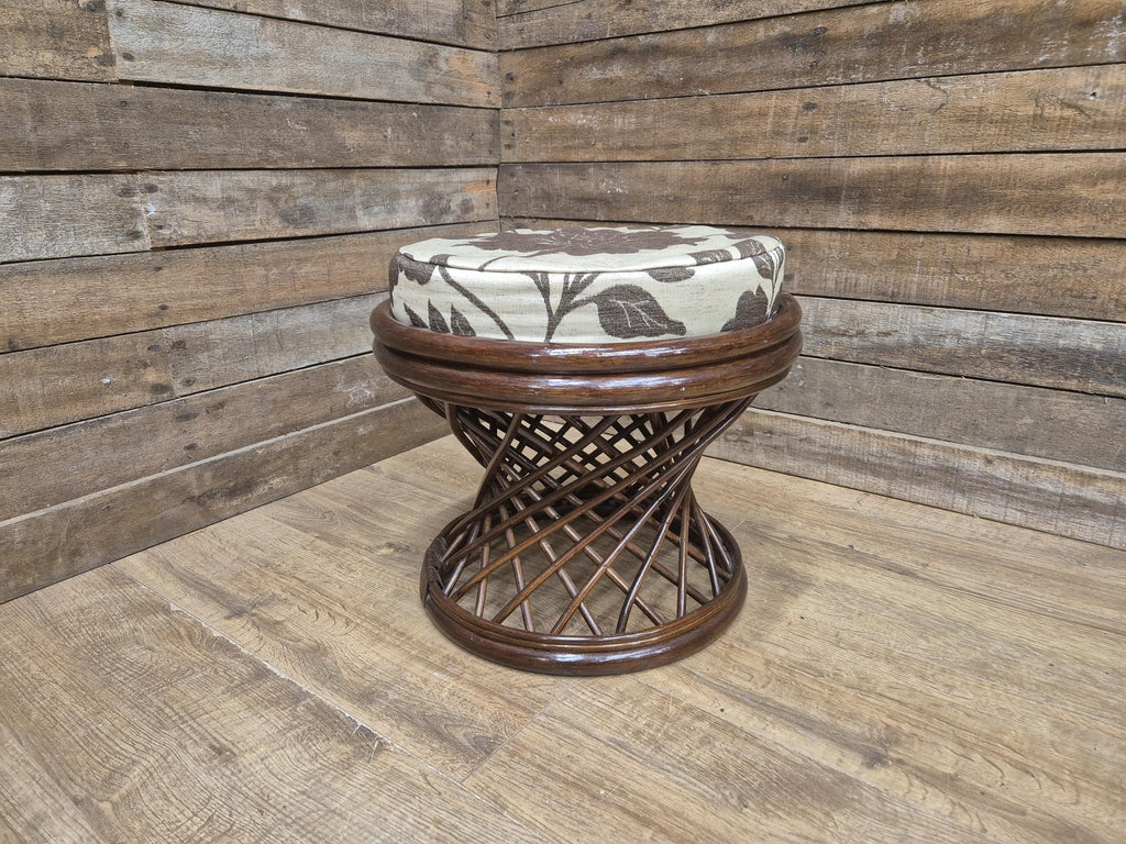 Vintage Country House Rattan Cane Circular Footstool Upholstered Pad