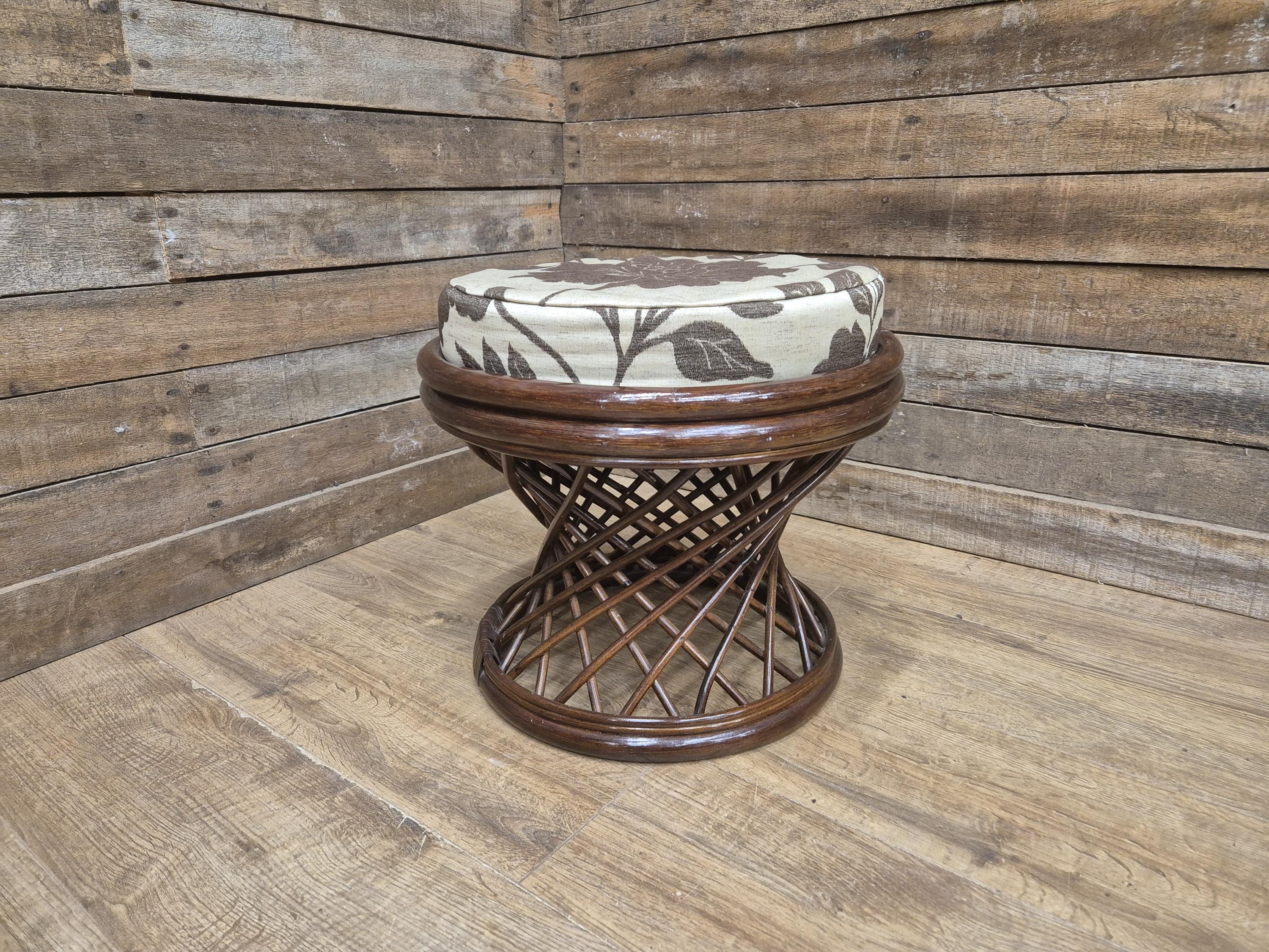 Vintage Country House Rattan Cane Circular Footstool Upholstered Pad