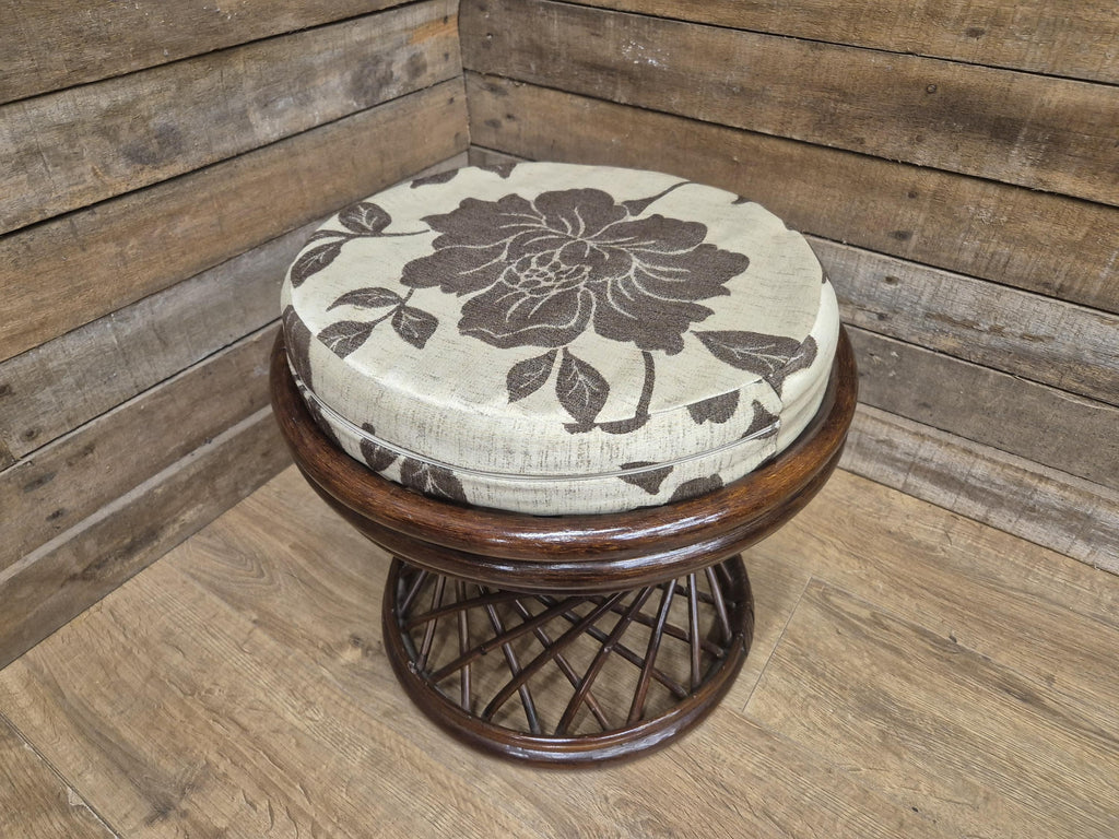Vintage Country House Rattan Cane Circular Footstool Upholstered Pad