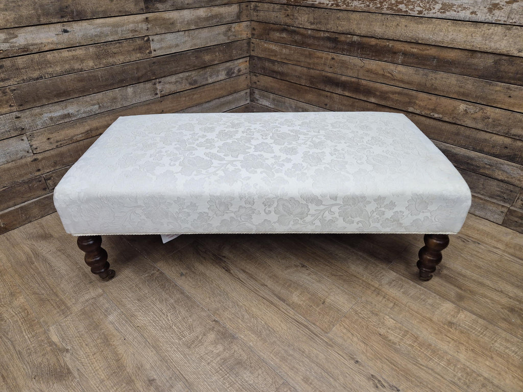 Vintage Large Country House Footstool Damask Fabric Turned Mahogany Legs Casters