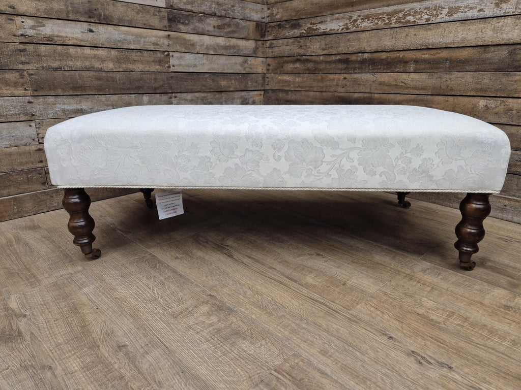 Vintage Large Country House Footstool Damask Fabric Turned Mahogany Legs Casters
