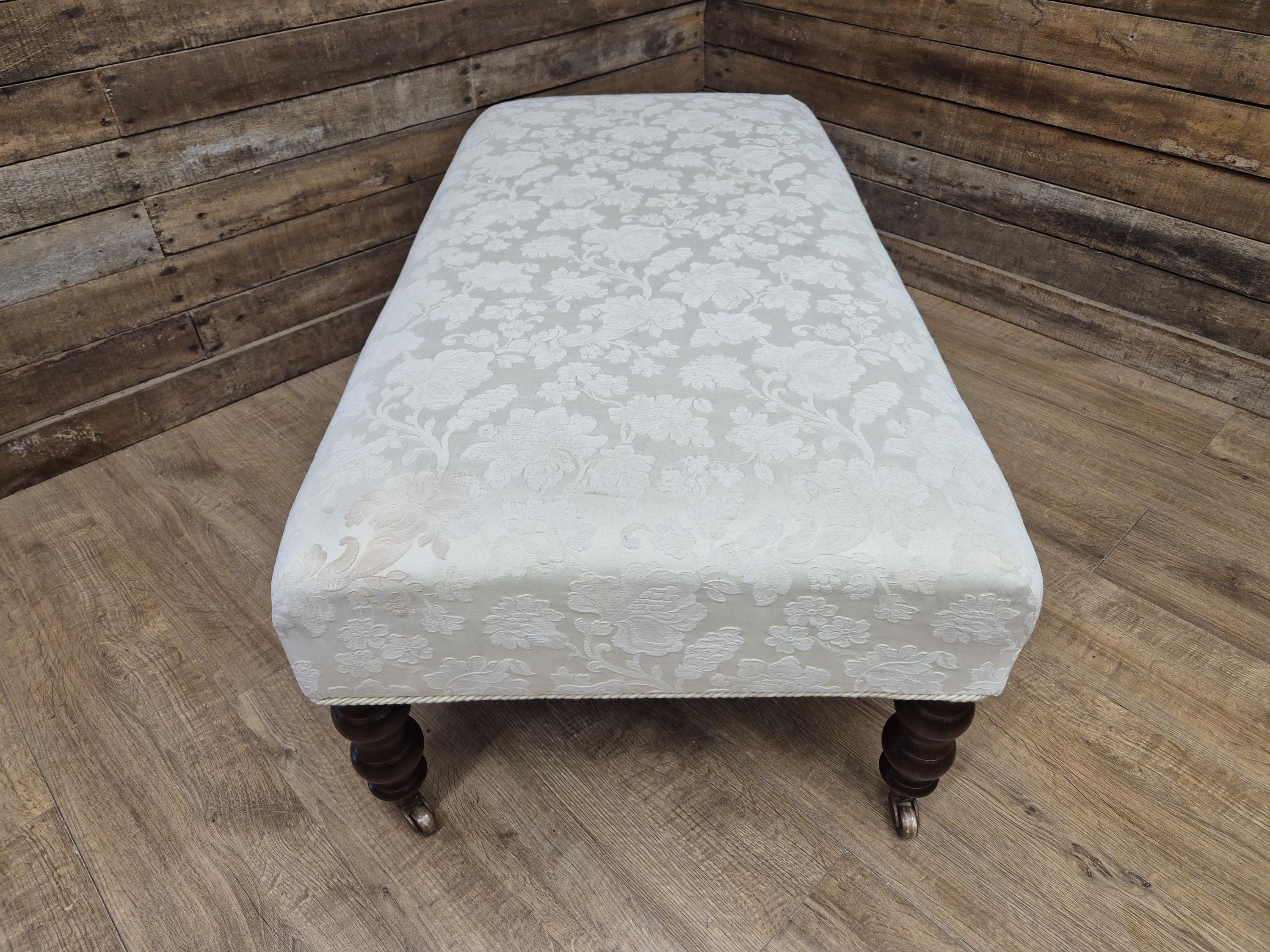Vintage Large Country House Footstool Damask Fabric Turned Mahogany Legs Casters