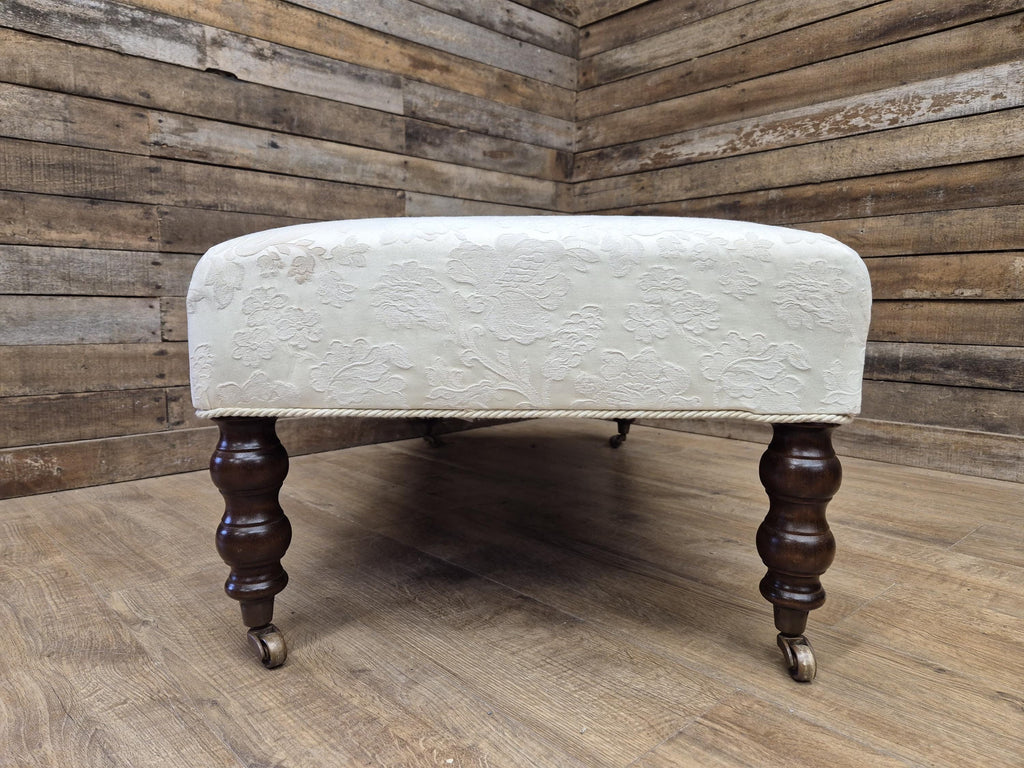 Vintage Large Country House Footstool Damask Fabric Turned Mahogany Legs Casters