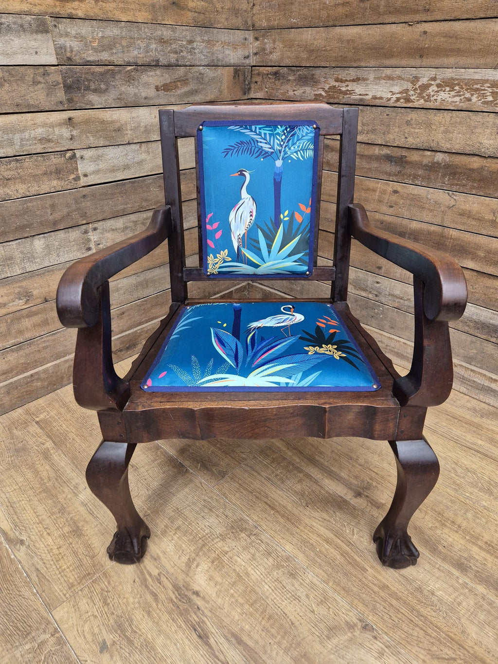 Antique Mahogany Framed Ball Claw Foot Armchair Upholstered In Designer Velvet