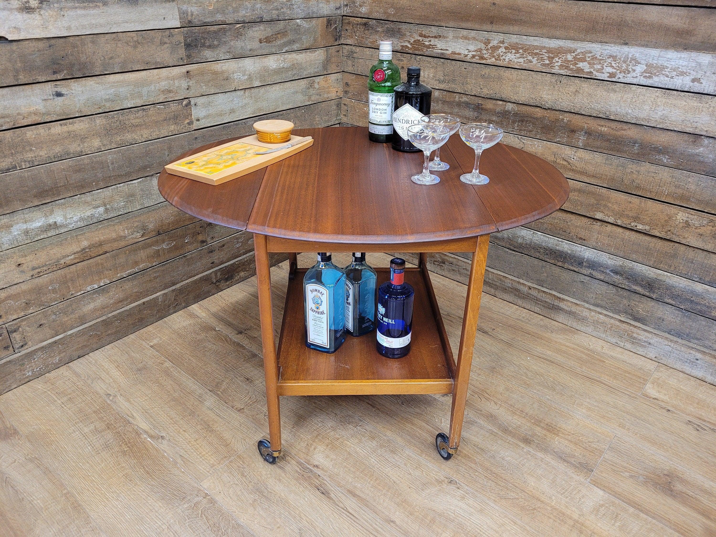 Mid Century Danish Inspired Oval Drop Leaf Teak Drinks Cocktail Trolley Retro