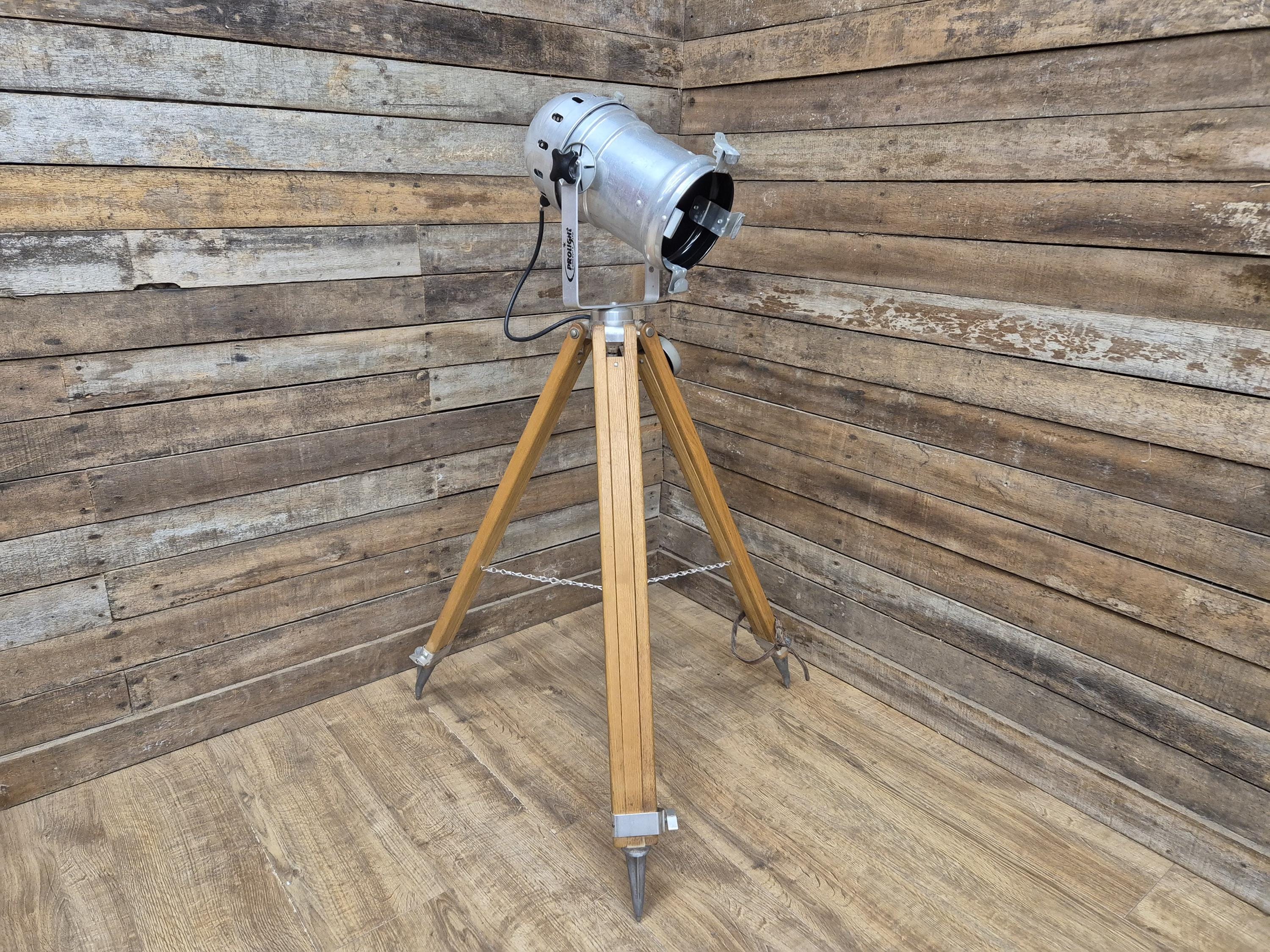 Vintage Tripod Floor Standing Prolight Spotlight Adjustable Height Distressed