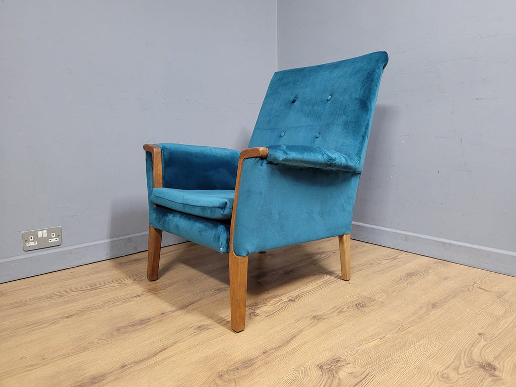 Mid Century Teak Trimmed Armchair Newly Upholstered Button Backed Retro Chic