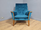 Mid Century Teak Trimmed Armchair Newly Upholstered Button Backed Retro Chic