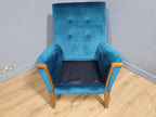 Mid Century Teak Trimmed Armchair Newly Upholstered Button Backed Retro Chic