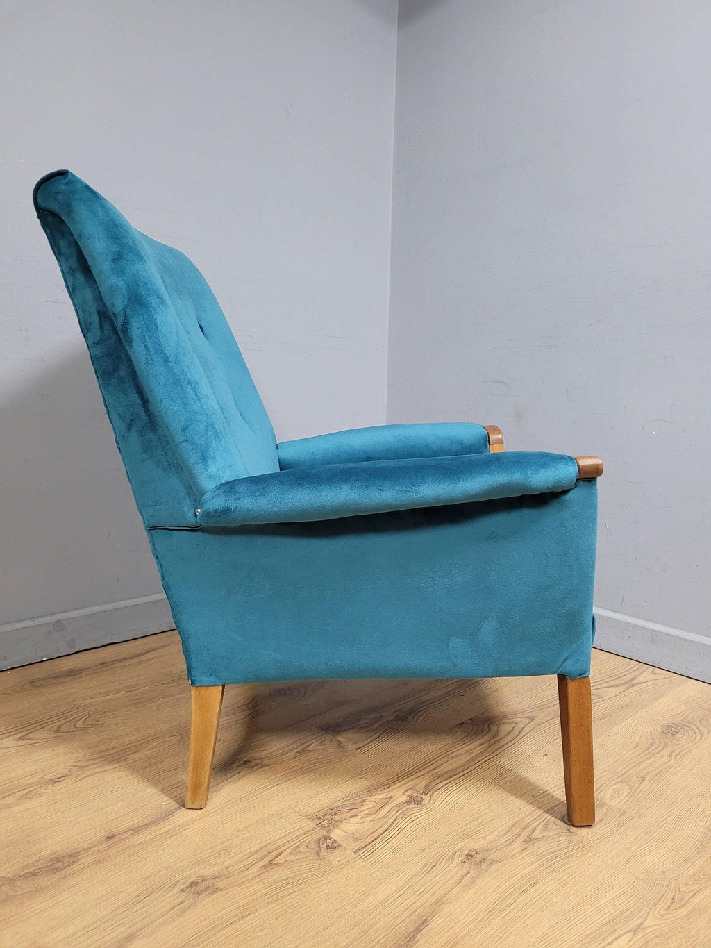 Mid Century Teak Trimmed Armchair Newly Upholstered Button Backed Retro Chic