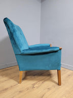 Mid Century Teak Trimmed Armchair Newly Upholstered Button Backed Retro Chic