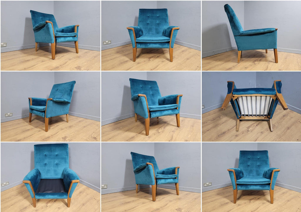 Mid Century Teak Trimmed Armchair Newly Upholstered Button Backed Retro Chic