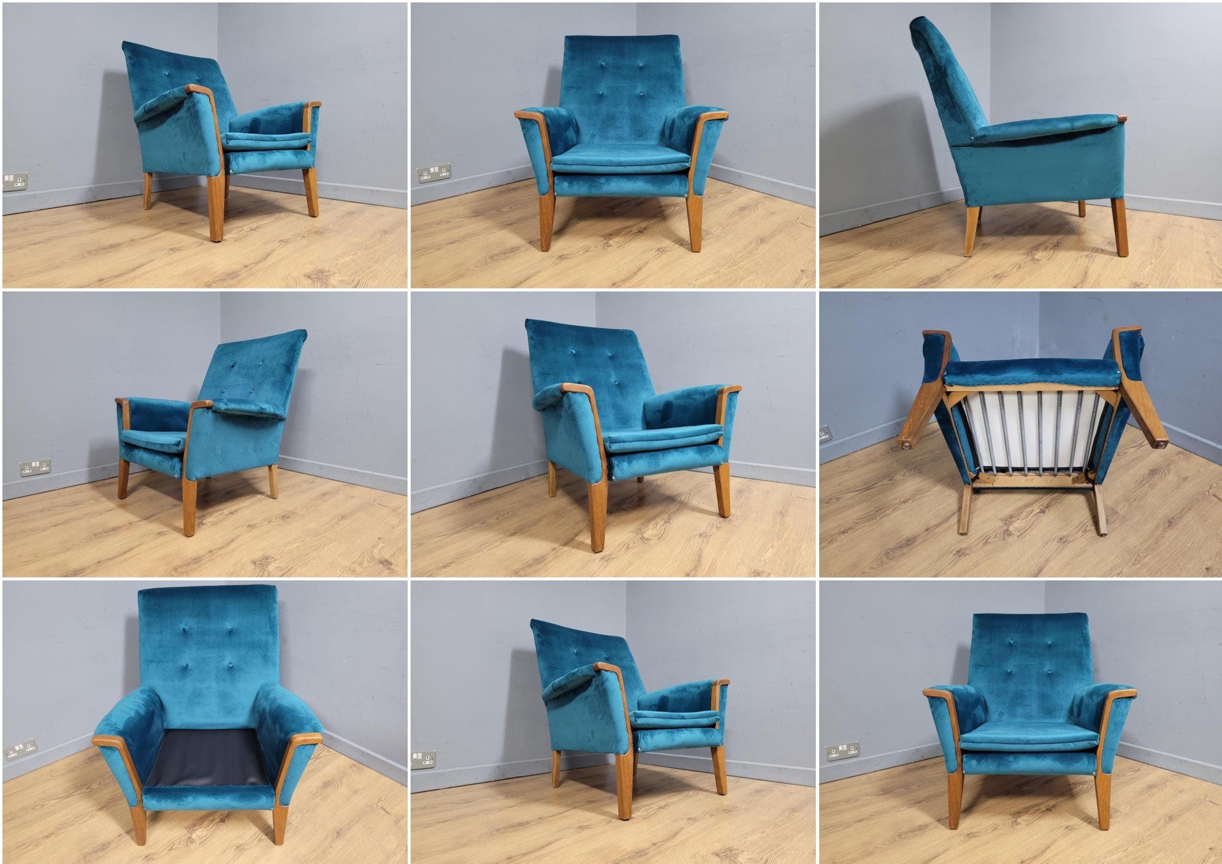 Mid Century Teak Trimmed Armchair Newly Upholstered Button Backed Retro Chic