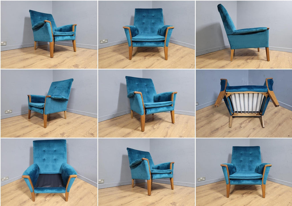 Mid Century Teak Trimmed Armchair Newly Upholstered Button Backed Retro Chic