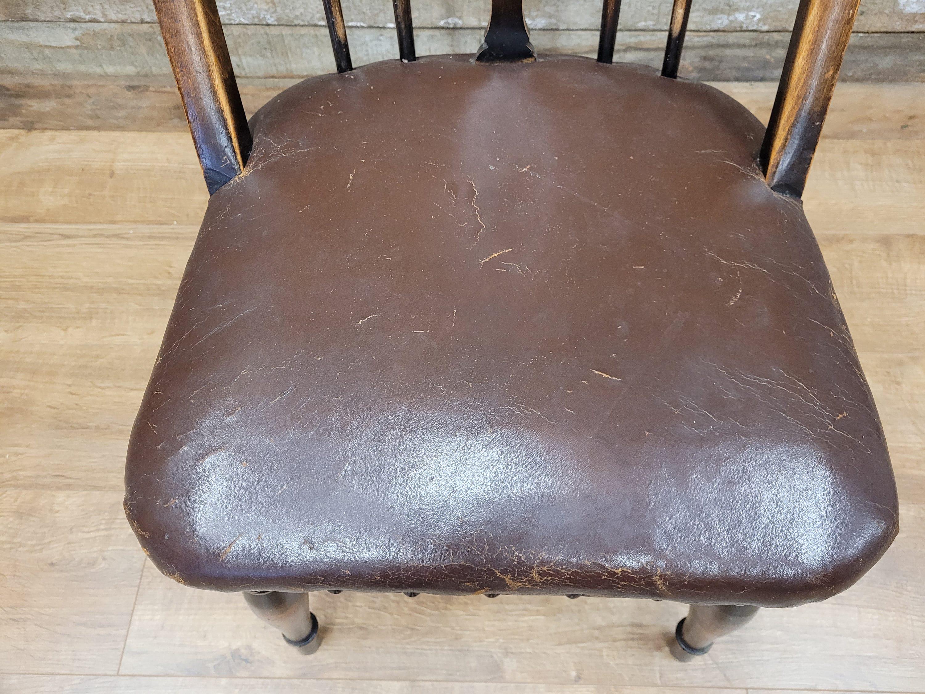 Vintage Country House Brown Leather Padded Seat Wheel Back Bedroom Hall Chair