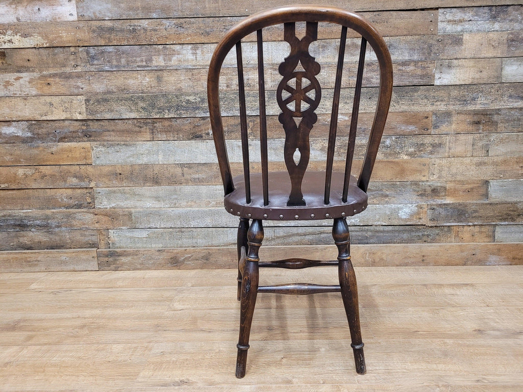 Vintage Country House Brown Leather Padded Seat Wheel Back Bedroom Hall Chair