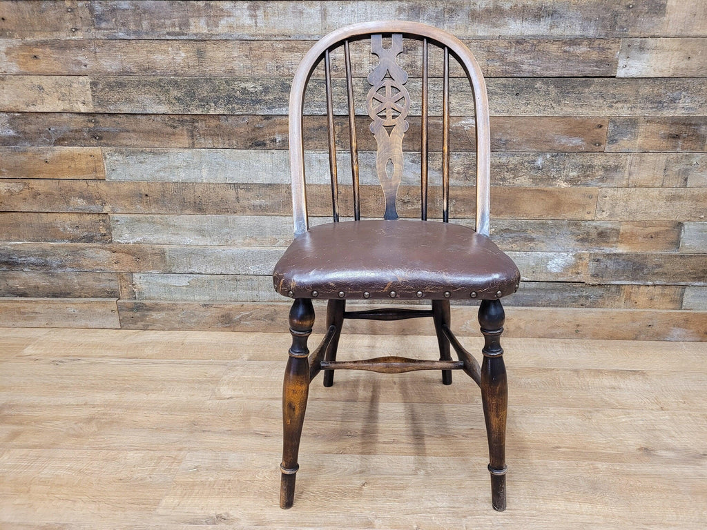 Vintage Country House Brown Leather Padded Seat Wheel Back Bedroom Hall Chair