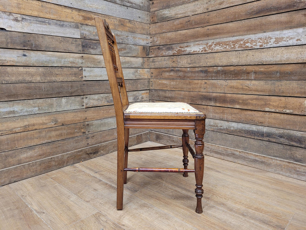Antique Edwardian Hall Bedroom Chair Spindle Backed Floral Seat Fabric