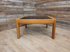 Mid Century Teak & Smoked Glass Square Coffee Table Rounded Corner Legs 1970s
