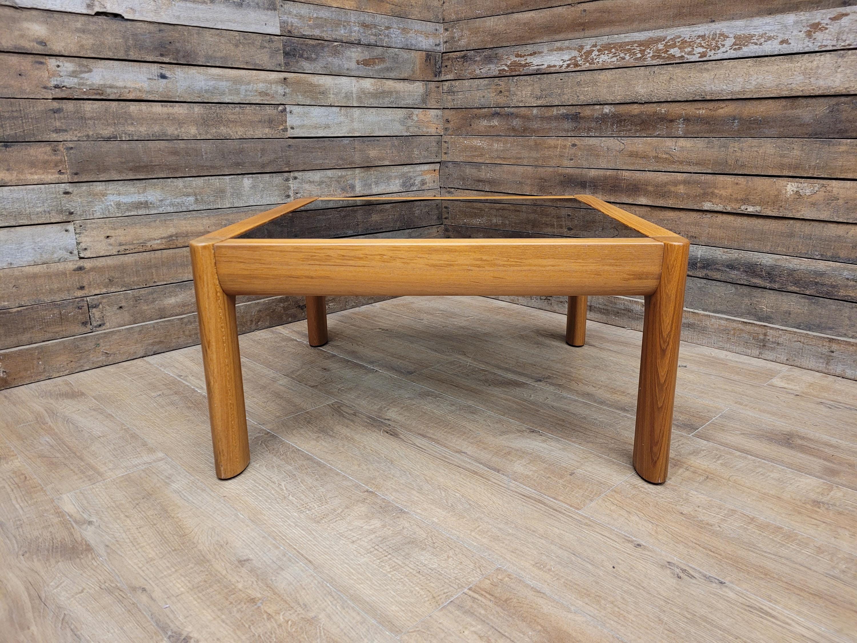 Mid Century Teak & Smoked Glass Square Coffee Table Rounded Corner Legs 1970s