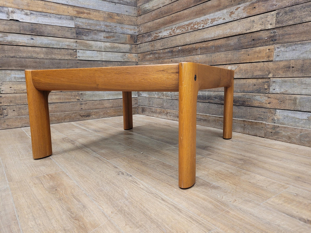Mid Century Teak & Smoked Glass Square Coffee Table Rounded Corner Legs 1970s