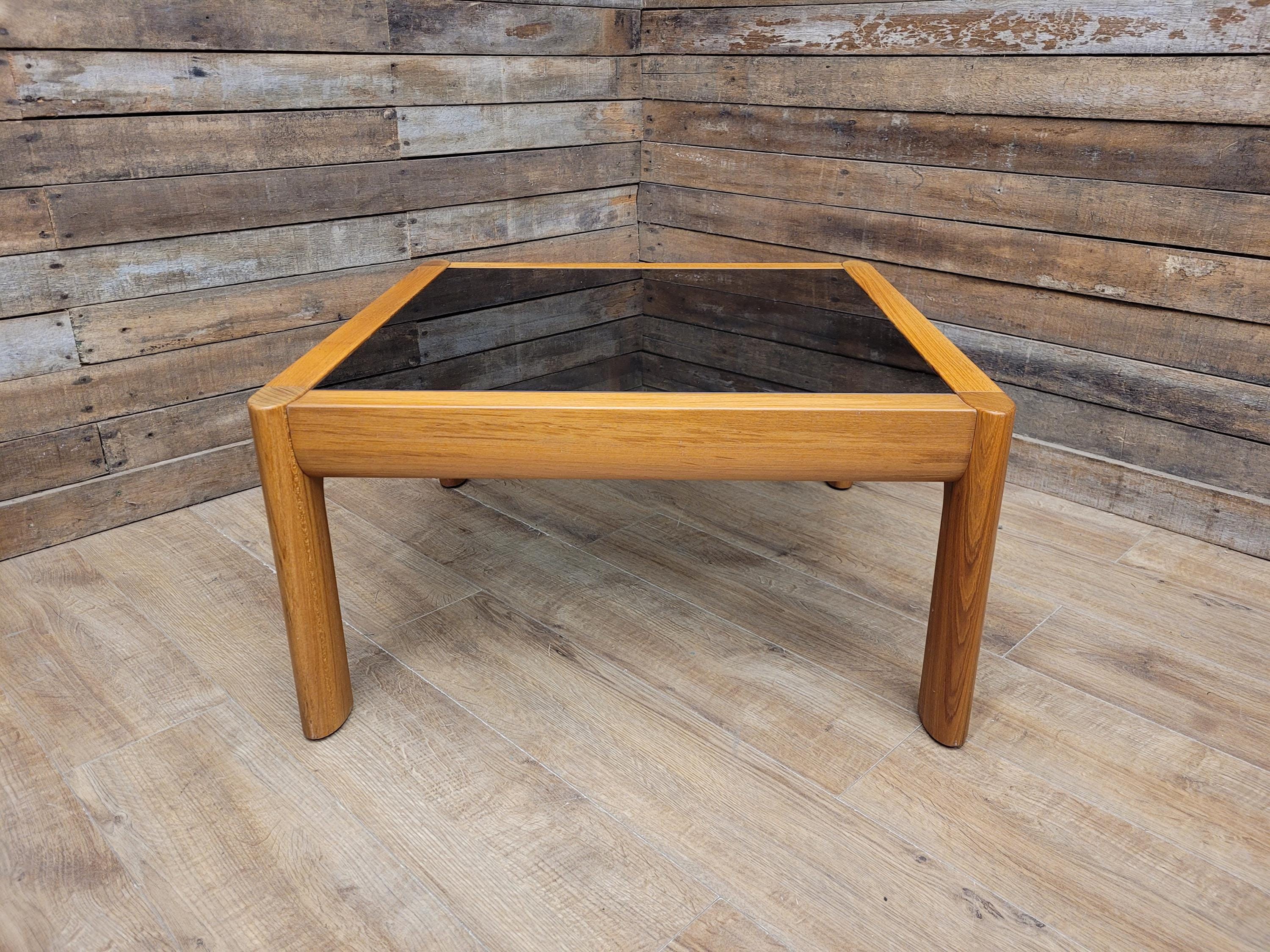 Mid Century Teak & Smoked Glass Square Coffee Table Rounded Corner Legs 1970s