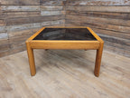 Mid Century Teak & Smoked Glass Square Coffee Table Rounded Corner Legs 1970s
