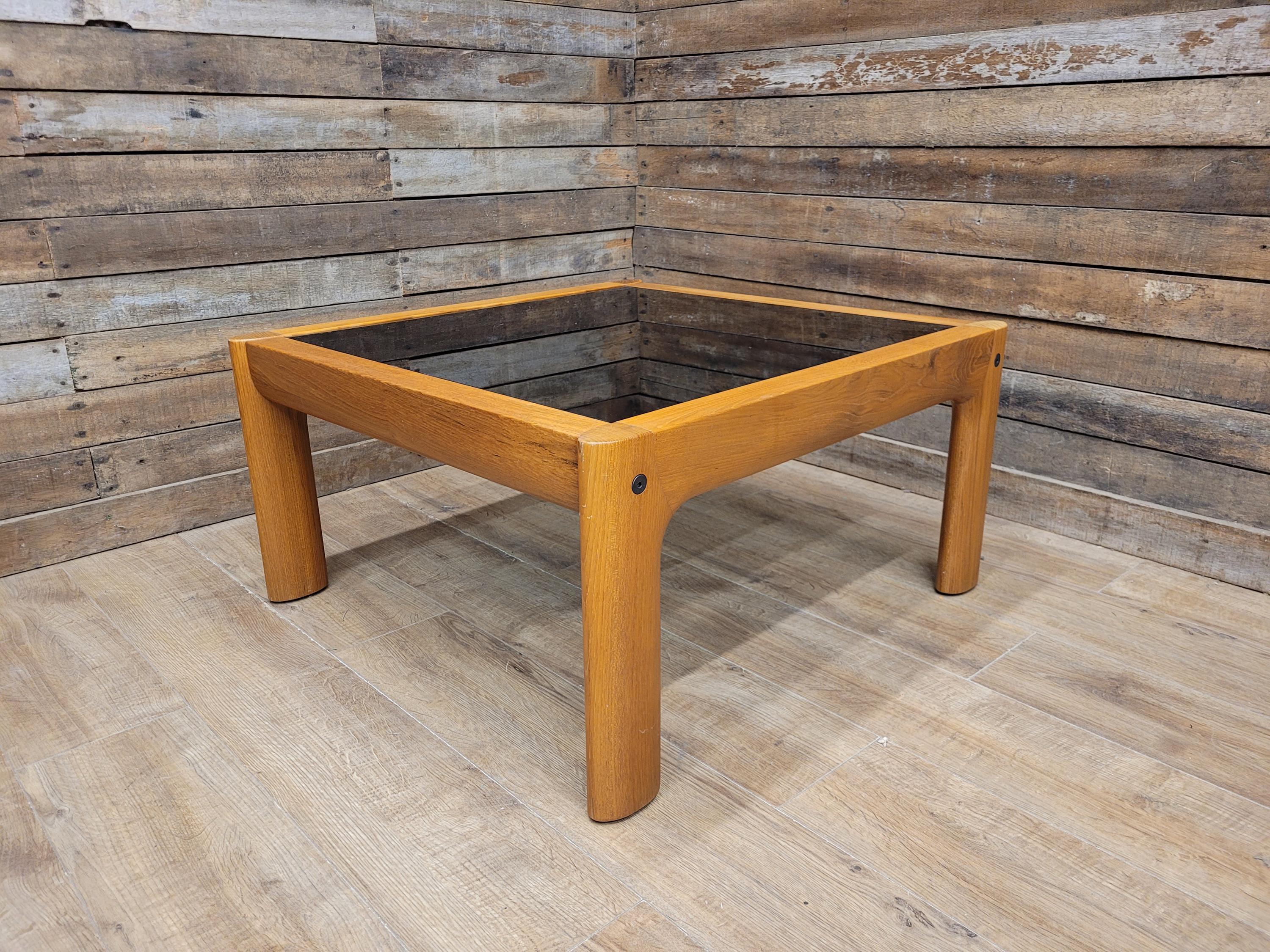 Mid Century Teak & Smoked Glass Square Coffee Table Rounded Corner Legs 1970s