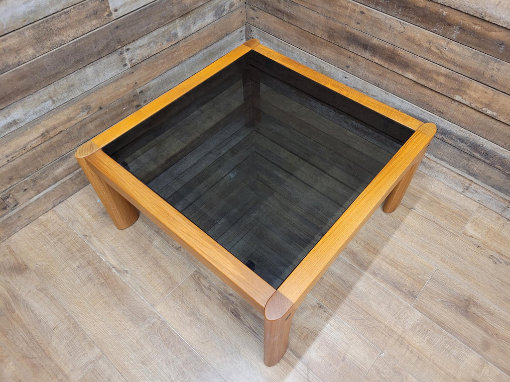 Mid Century Teak & Smoked Glass Square Coffee Table Rounded Corner Legs 1970s