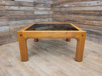 Mid Century Teak & Smoked Glass Square Coffee Table Rounded Corner Legs 1970s