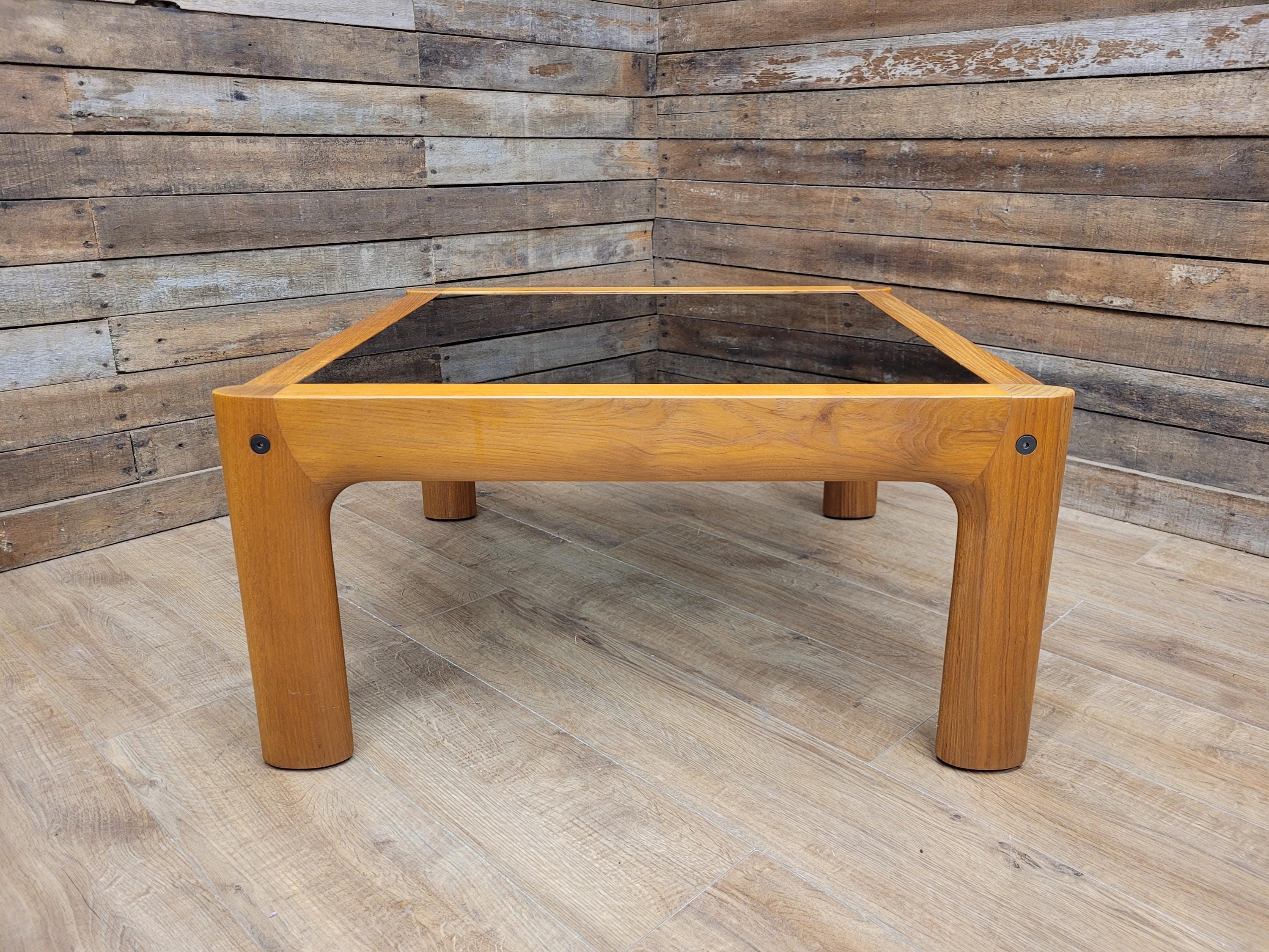 Mid Century Teak & Smoked Glass Square Coffee Table Rounded Corner Legs 1970s