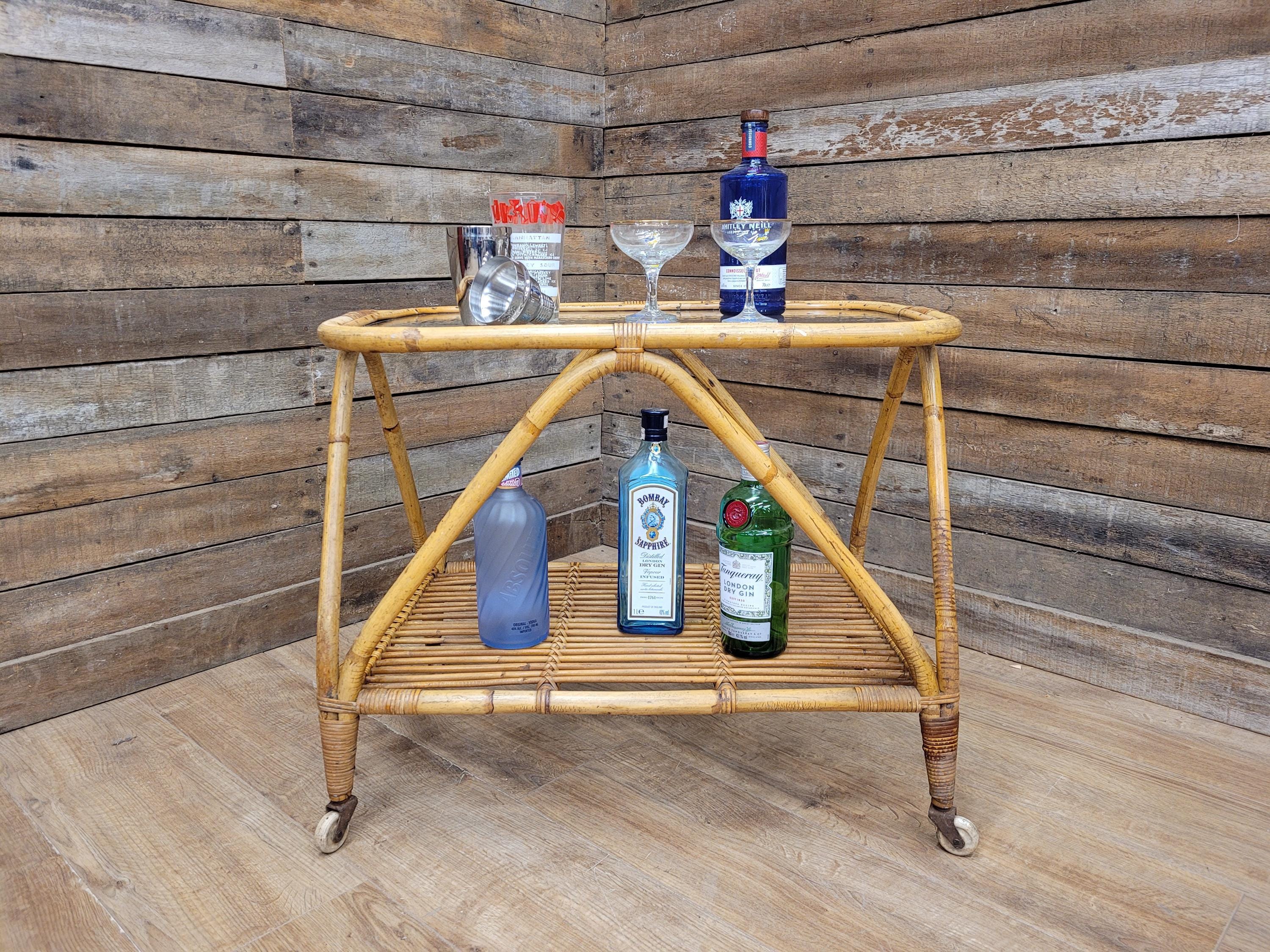 Vintage Rattan Glass Top Bar Cart Bamboo Cocktail Drinks Trolley